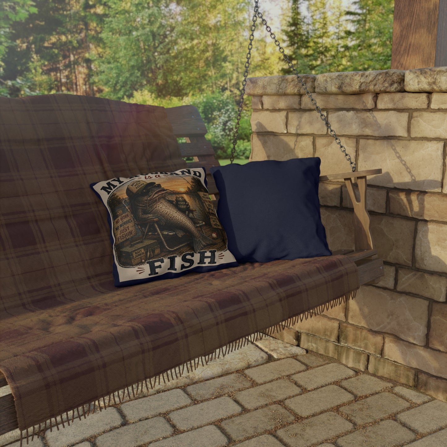 My Husband Is a Fish Outdoor Pillow — Funny Fishing Decor for Patio, Lake House, Father’s Day Gift