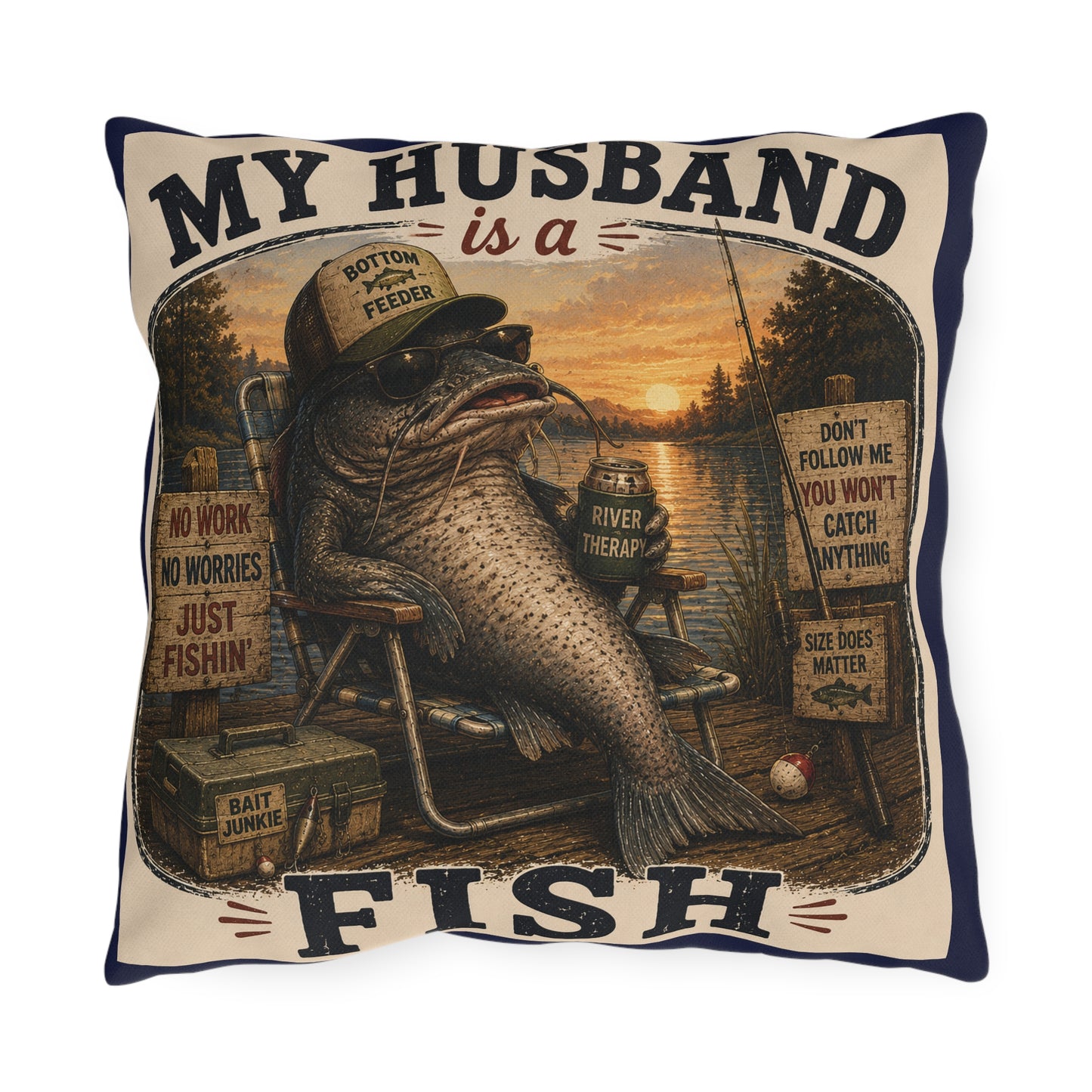 My Husband Is a Fish Outdoor Pillow — Funny Fishing Decor for Patio, Lake House, Father’s Day Gift