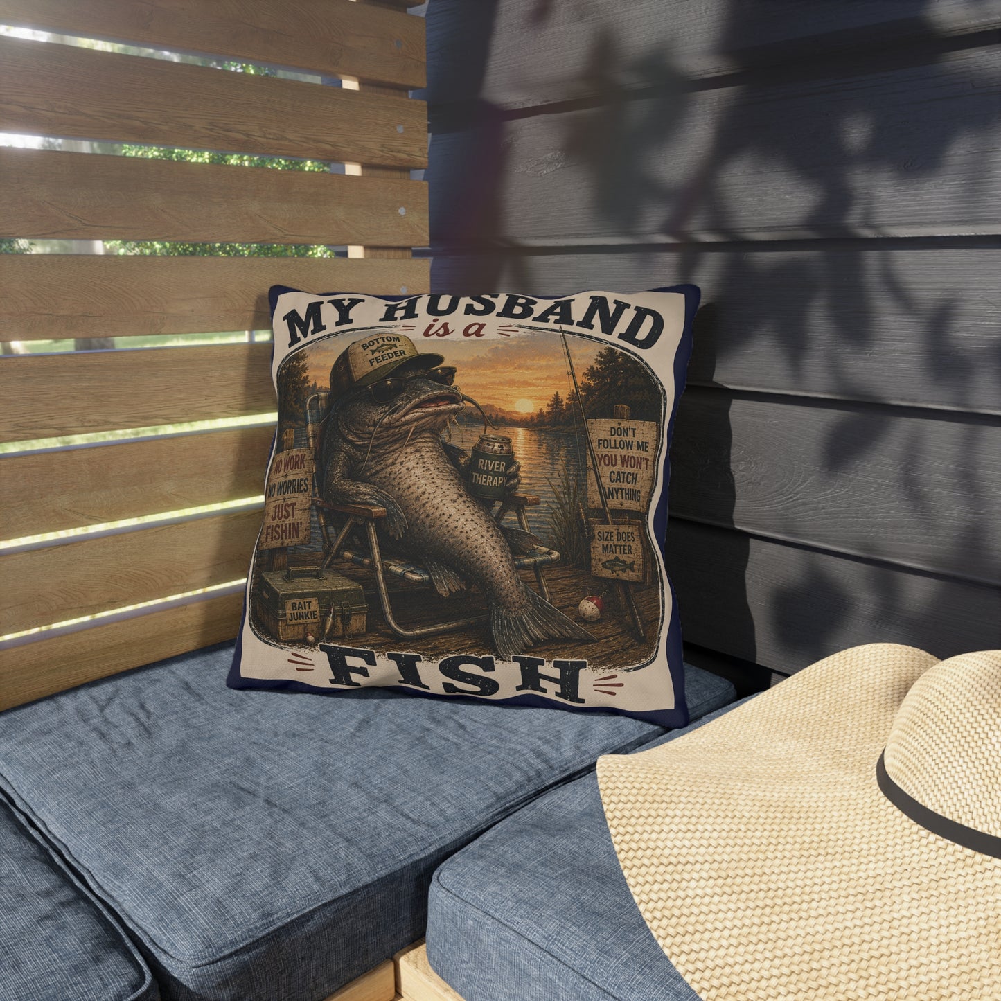 My Husband Is a Fish Outdoor Pillow — Funny Fishing Decor for Patio, Lake House, Father’s Day Gift